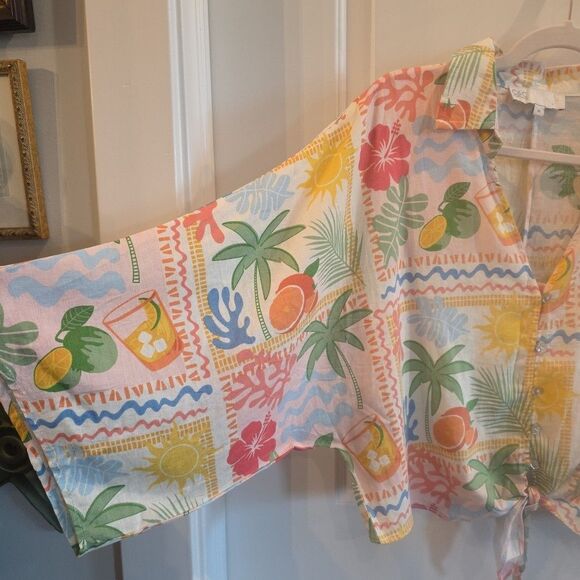 C&C‎ CALIFORNIA Summer Tropical Linen Blend Dolman Sleeve Boxy Crop Top Size Med - Picture 2 of 5